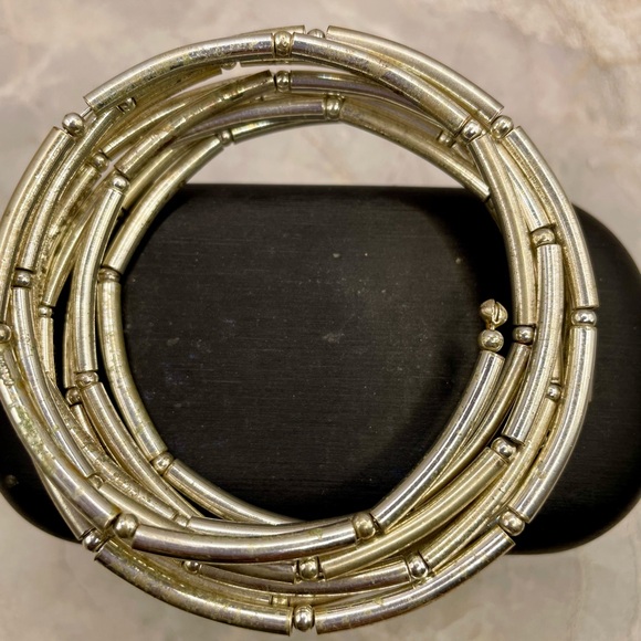 Silver Tone Stacked Memory Wrap Bangle Bracelet - Picture 3 of 5